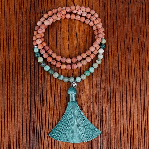 Collar Y Pulsera De Cuentas Mala Madera Piedra Natural Colgante Loto Borla Yoga Meditación Joyería Étnica Bohemia