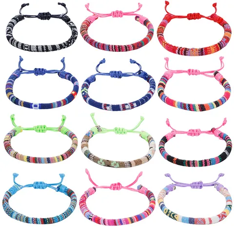 Handmade Ethnic Multicolored Woven Cotton Rope Bracelet Bohemian Geometric Floral Pattern Adjustable Cord Bracelet For Women Men