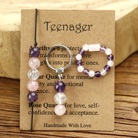 Handmade Natural Stone Amethyst Rose Quartz Clear Quartz Bracelet Ring Keychain Collection Teenager Protection Jewelry Gift