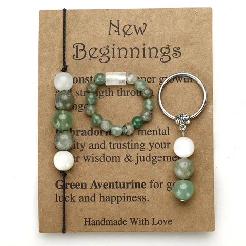 Handgefertigtes Naturstein Perlen Armband Ring Schlüsselanhänger Set New Beginnings Mondstein Labradorit Grüner Aventurin Segen Grußkarte Schmuck Set Für Reise Geschenk