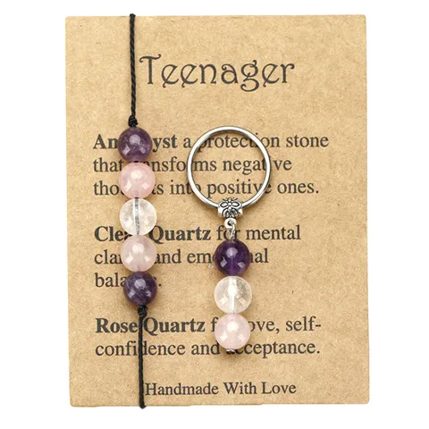 Handmade Natural Stone Amethyst Rose Quartz Clear Quartz Bracelet Ring Keychain Collection Teenager Protection Jewelry Gift