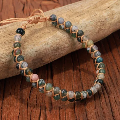 Hand-Woven Indian Agate Natural Stone Beaded Double Wrap Bracelet Adjustable String Jewelry For Men Women