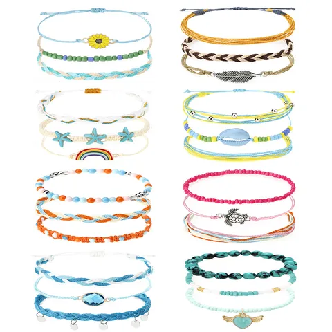 Boho Geflochtenes Wachsfaden Armband Set Handgefertigt Gänseblümchen Sonnenblume Meeresschildkröte Muschel Verstellbares Strandseil Schmuck Damen