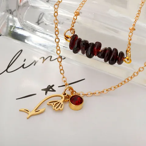 Layered Stainless Steel Birthstone Necklace Natural Stone Chips Flower Pendant Rhinestone Necklace For Women Birthday Gift Jewelry