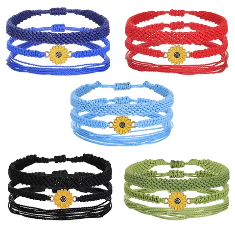 Pulseras Bohemias Tejidas a Mano de Cordón Encerado Margarita Girasol Dije de Esmalte Cuerda de Playa Ajustable Joyería para Mujer