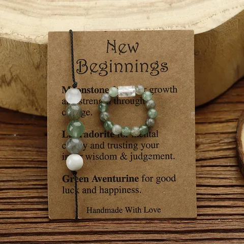 Handgefertigtes Naturstein Perlen Armband Ring Schlüsselanhänger Set New Beginnings Mondstein Labradorit Grüner Aventurin Segen Grußkarte Schmuck Set Für Reise Geschenk