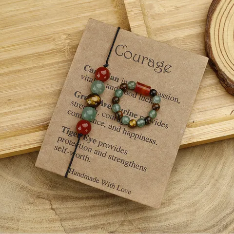 Handgefertigtes Naturstein Schmuckset Karneol Tigerauge Aventurin Gewebtes Armband Ring Schlüsselanhänger Mut Karte Geschenk