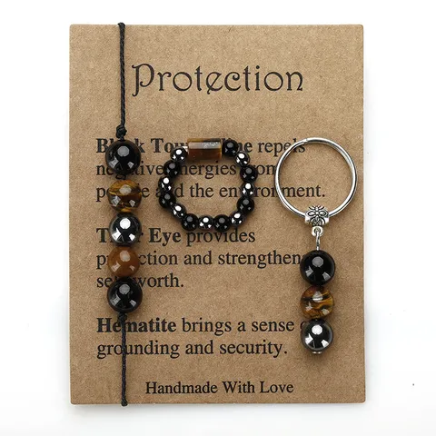 Handmade Tiger Eye Hematite Black Tourmaline Bracelet Ring Keychain Set Natural Stone Protection Jewelry Gift For Unisex