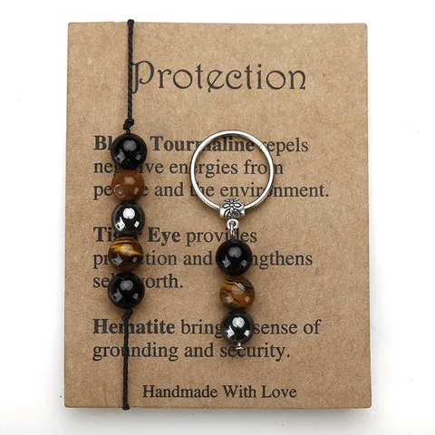 Handmade Tiger Eye Hematite Black Tourmaline Bracelet Ring Keychain Set Natural Stone Protection Jewelry Gift For Unisex