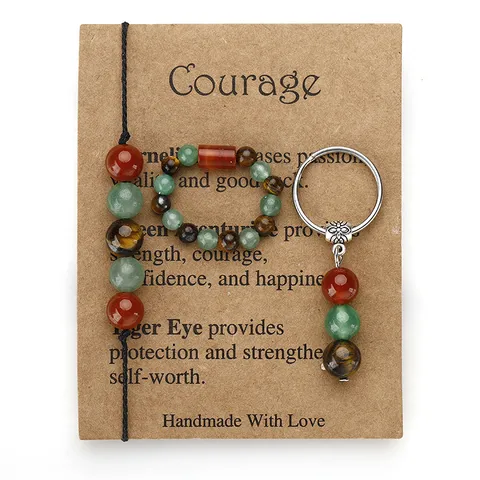 Handgefertigtes Naturstein Schmuckset Karneol Tigerauge Aventurin Gewebtes Armband Ring Schlüsselanhänger Mut Karte Geschenk