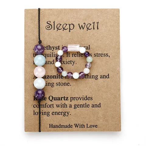 Handmade Natural Stone Woven Bracelet Adjustable Elastic Ring Stainless Steel Keychain Card Set Amethyst Amazonite Rose Quartz Jewelry Set For Women Men