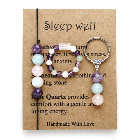 Handmade Natural Stone Woven Bracelet Adjustable Elastic Ring Stainless Steel Keychain Card Set Amethyst Amazonite Rose Quartz Jewelry Set For Women Men