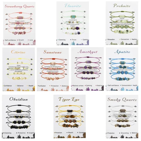 Natural Stone Bracelet Set For Women Men Handmade Woven Adjustable Raw Apatite Amethyst Tiger Eye Crystal Chip Beads Boho Healing Jewelry Gift