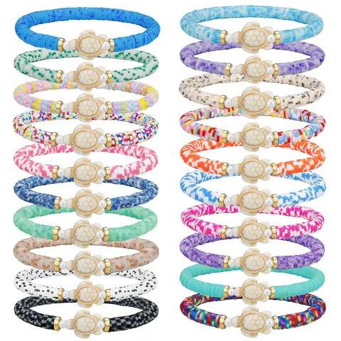 Handgefertigtes Boho Polymerton Heishi Perlen Elastisches Armband Bunter Schildkröte Anhänger Sommer Strand Schmuck Damen