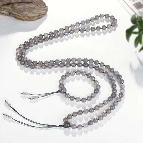 Natuurlijke Grijze Agaat Handgemaakte Kralen Mala Ketting Steen Meditatie Gebedskralen Armband Ketting Kwastje Etnische Sieraden