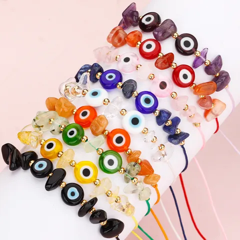 Kreatives Böser Blick Handgewebtes Armband Naturstein-Chips Glasperlen Kupfer Akzente Verstellbarer Boho Schmuck Für Herren Damen Alltag