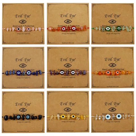 Kreatives Böser Blick Handgewebtes Armband Naturstein-Chips Glasperlen Kupfer Akzente Verstellbarer Boho Schmuck Für Herren Damen Alltag