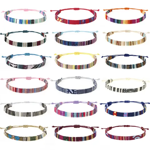 Handgefertigtes Gewebtes Stoff Ethnic Freundschaftsarmband Boho Mehrfarbig Streifen Geometrisch Verstellbares Kordelzug Seilarmband Unisex Schmuck