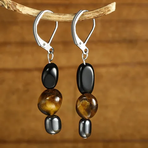 Orecchini Asimmetrici in Pietra Grezza Naturale Per Donna Acciaio Inossidabile Occhio di Tigre Ematite Tormalina Gioielli Minerale