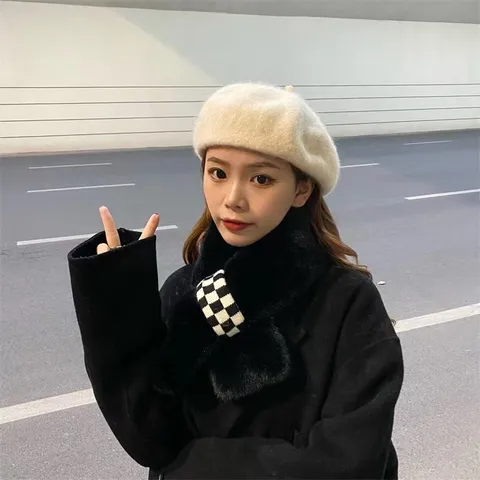 Bufanda de Piel de Conejo Sintética Cálida de Invierno para Mujer Bufanda a Cuadros Patchwork Espesada Suave Calentador de Cuello Estilo Coreano