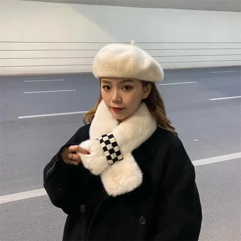 Bufanda de Piel de Conejo Sintética Cálida de Invierno para Mujer Bufanda a Cuadros Patchwork Espesada Suave Calentador de Cuello Estilo Coreano
