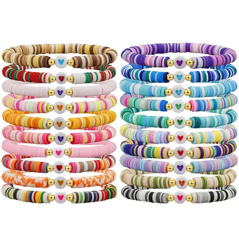 Boho Handgefertigt Polymerton Perlen Stretch Armband Bunt Heishi Scheibenperlen Herz Muster Charm Elastischer Armreif Armband Für Damen Tägliches Geschenk