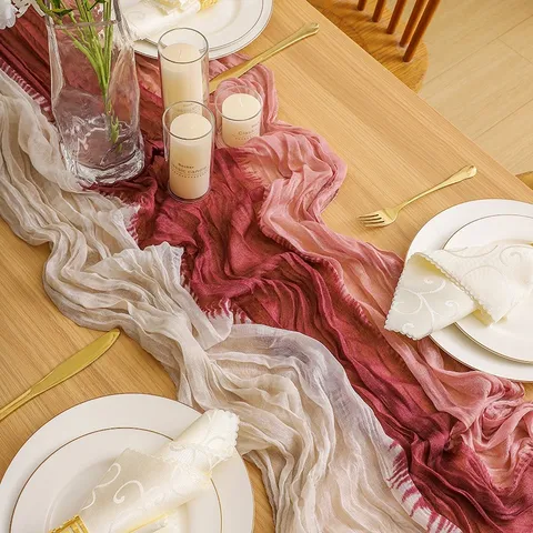 Runner da Tavola in Garza Plissettata Boho Sfumato Tie Dye Tovaglia Lunga Per Matrimonio Festa Decorazione Tavola