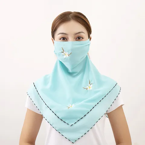 Velo Facial de Protección Solar de Gasa de Verano Pañuelo Triangular Bordado Floral Transpirable Máscara de Ciclismo al Aire Libre para Mujeres