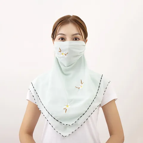 Women Summer Sun Protection Face Veil Chiffon Floral Embroidered Dustproof Ear Hanging Neck Cover Breathable Outdoor Scarf