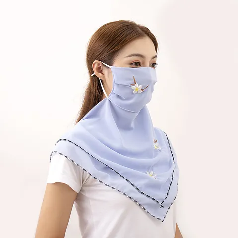 Velo Facial de Protección Solar de Gasa de Verano Pañuelo Triangular Bordado Floral Transpirable Máscara de Ciclismo al Aire Libre para Mujeres