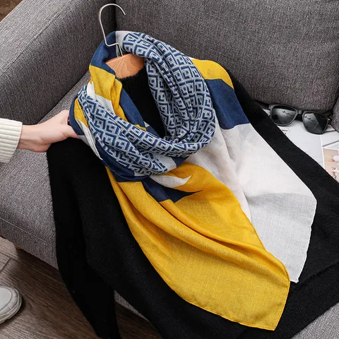 Bufanda Estampada Geométrica de Moda para Mujer Chal Largo de Mezcla de Algodón Versátil Primavera Otoño Bufanda Cálida Casual