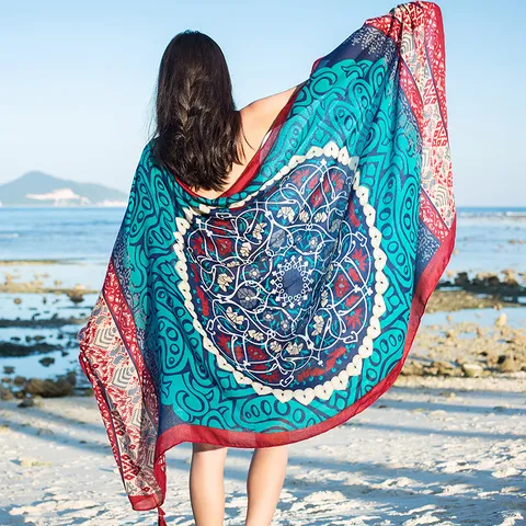 Étnico Floral Estampado Algodón de Sarga Bufanda Borla Largo Playa Chal Estilo Retro Accesorios de Moda Para Mujeres