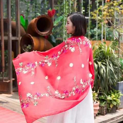 Women's Ethnic Style Floral Embroidered Cotton Linen Scarf Long Shawl Travel Sun Protection Tassels Wrap Scarf