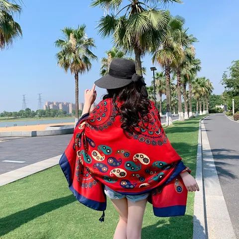 Bohemian Twill Cotton Scarf Ethnic Printed Shawl Fringe Beach Sun Protection Wrap For Women Travel Vacation