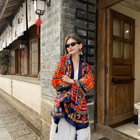 Bufanda de Algodón Lino con Estampado de Totem Floral Etnico Bohemio Chal Largo con Borlas Vintage Viaje para Mujer Diario