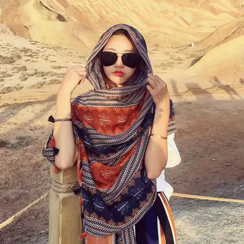 Bufanda de Poliéster con Estampado Étnico Bohemio para Mujer Toalla de Playa Grande Chal de Protección Solaire Borlas