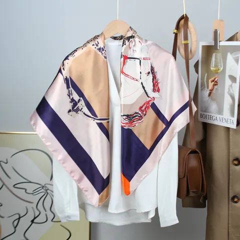 Mujer Satén Pañuelo Cuadrado Elegante Caballo Estampado Bloque De Color Cuello Pañuelo Moda Ligero Tacto Seda Chal Diario