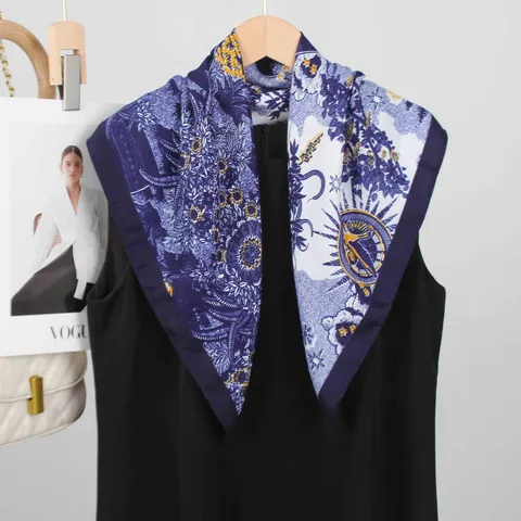 Pañuelo Cuadrado de Seda Terciopelo Algodón Lino de Moda para Mujer Estampado Estrella Luna Árbol Pañuelo de Cuello Versátil Elegante Accesorio Diario
