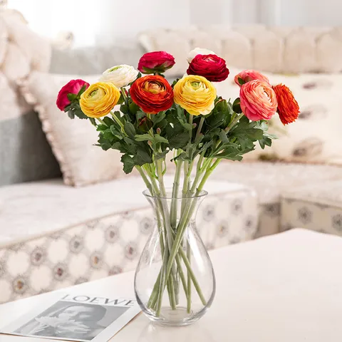 Fiori Artificiali in Seta Ranuncolo 2 Teste Ramoscello di Peonia Floccata Decorazione per la Casa Accessori per Fotografia