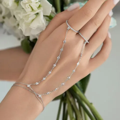 Hand Chain Bracelet Ring Geometric Round Link Chain Hand Harness Luxurious Rhinestone Inlaid Fashion Ring Linked Bracelet For Women