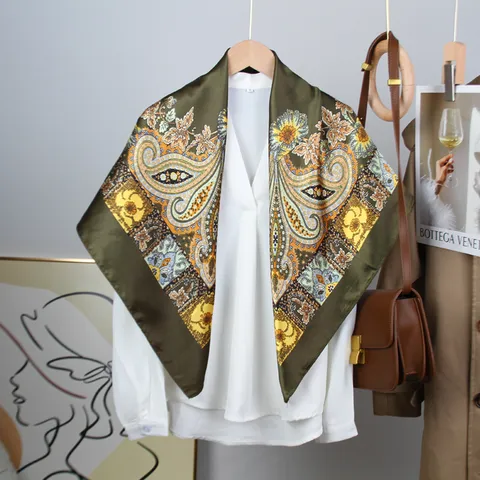 Pañuelo Cuadrado de Satén para Mujer Vintage Estampado Paisley Bufanda de Seda Elegante 90x90cm Pañuelo de Oficina Profesional