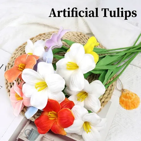Artificial Brownie Open Tulip PU Moist Feel Flower Bouquet Real Touch Fake Flowers For Wedding Party Home Living Room Table Decor
