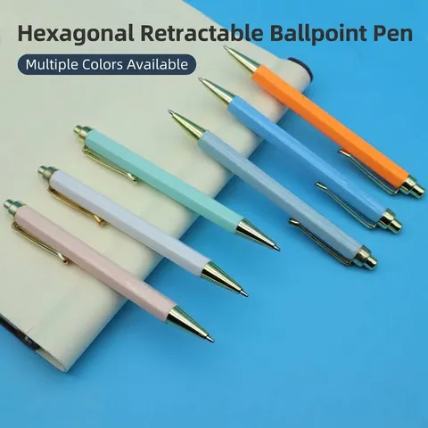 Retractable Ballpoint Pen Minimalist Hexagonal Barrel ABS Plastic Gold Metallic Clip Writing Pen For Office School Stationery