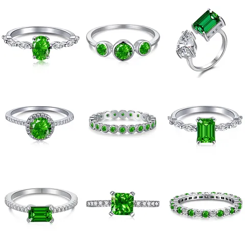 S925 Sterling Silver Emerald Green Rhinestone Ring Vintage Luxurious Elegant Ring For Women High Carbon Diamond Style Party Jewelry