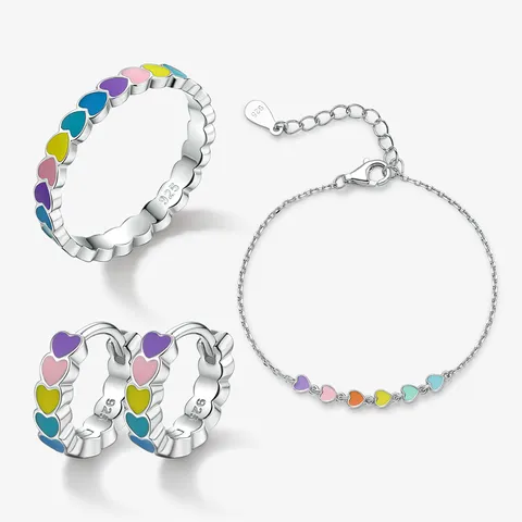 925 Sterlingsilber Macaron Emaille Herz Schmuckset Für Damen Minimalistisch Süß Bunt Herz Creolen Armband Ring Set Schmuck Geschenk