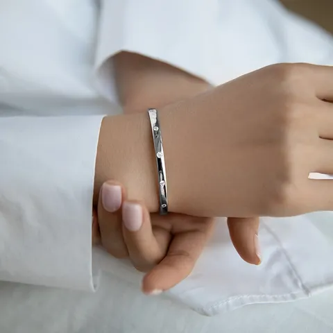 Minimalist 925 Sterling Silver Cuff Bangle Bracelet For Women Luxury Geometric Zirconia Inlaid Open Bracelet Ins Style Fine Jewelry