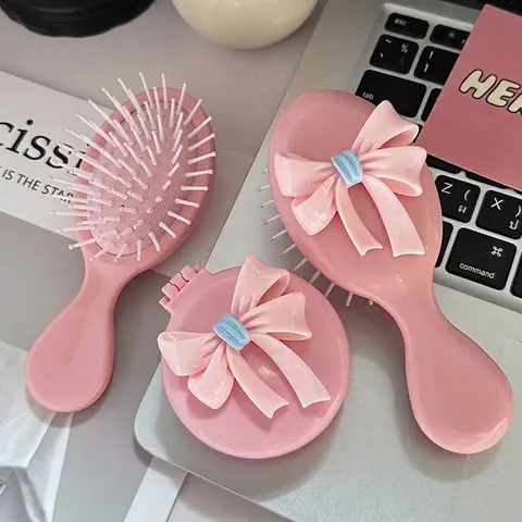 Cute Pink Bow Folding Air Cushion Comb Mini Portable Travel Massage Hairbrush With Mirror For Women Students Hair Styling Tools