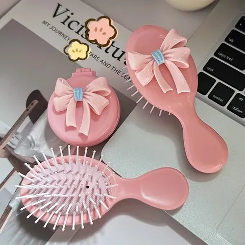 Cute Pink Bow Folding Air Cushion Comb Mini Portable Travel Massage Hairbrush With Mirror For Women Students Hair Styling Tools