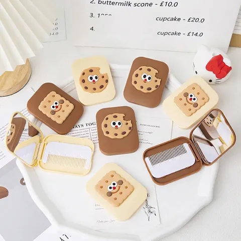 Cartoon Cookie Shaped Compact Mirror With Mini Comb Portable Biscuit Makeup Mirror Folding Pocket Mirror For Women Girls