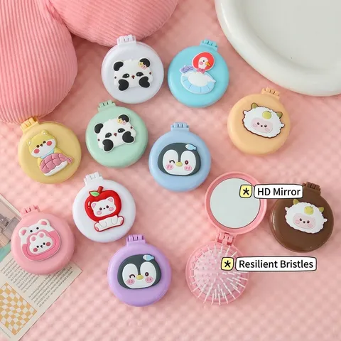 Cartoon Folding Air Cushion Comb For Girls Portable Mini Hairbrush With Mirror Massage Hair Comb For Travel Women Kids Beauty Tool
